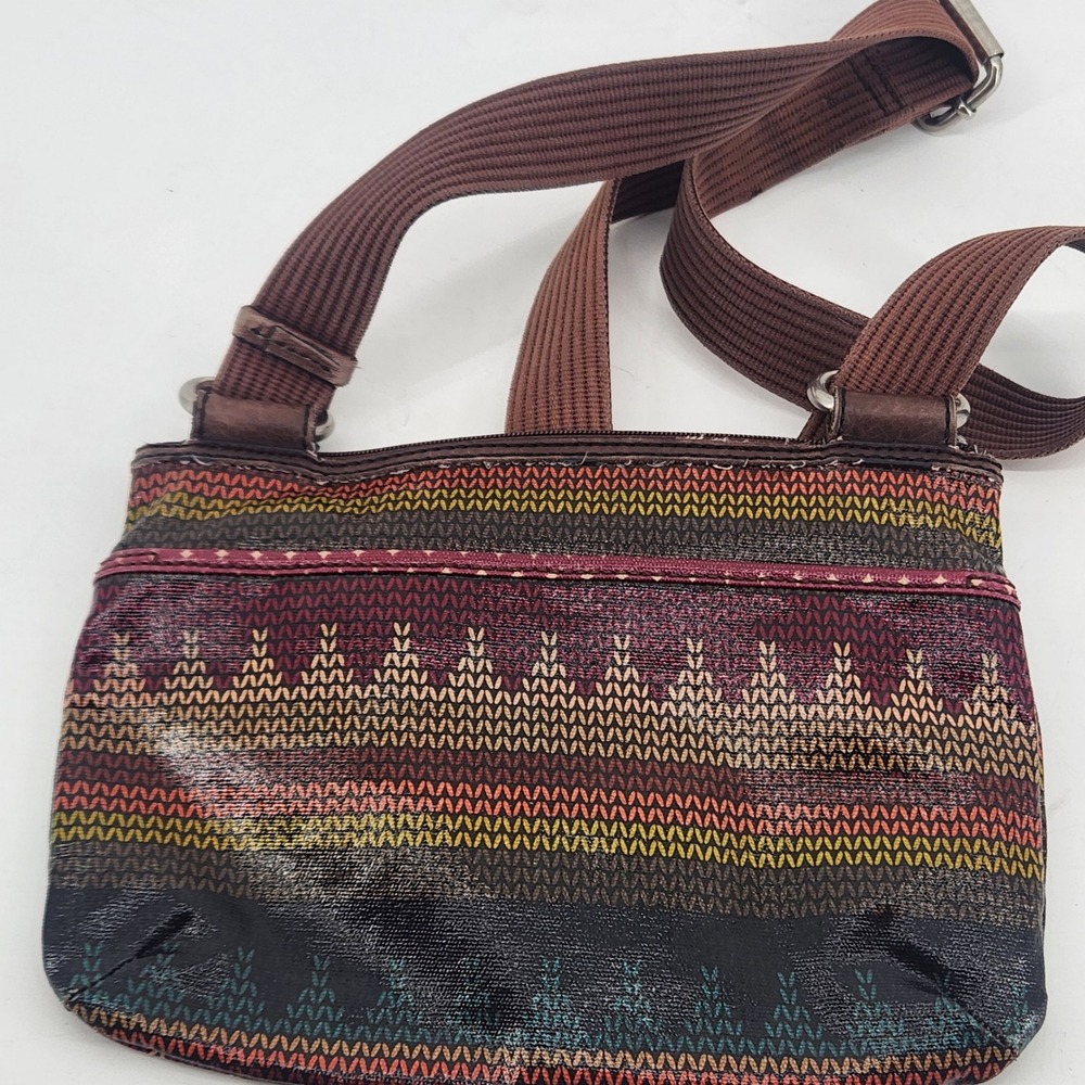 Fossil Key-Per Crossbody Bag Multi Color Coated Canvas Knit Print Small Purse - Picture 5 of 14